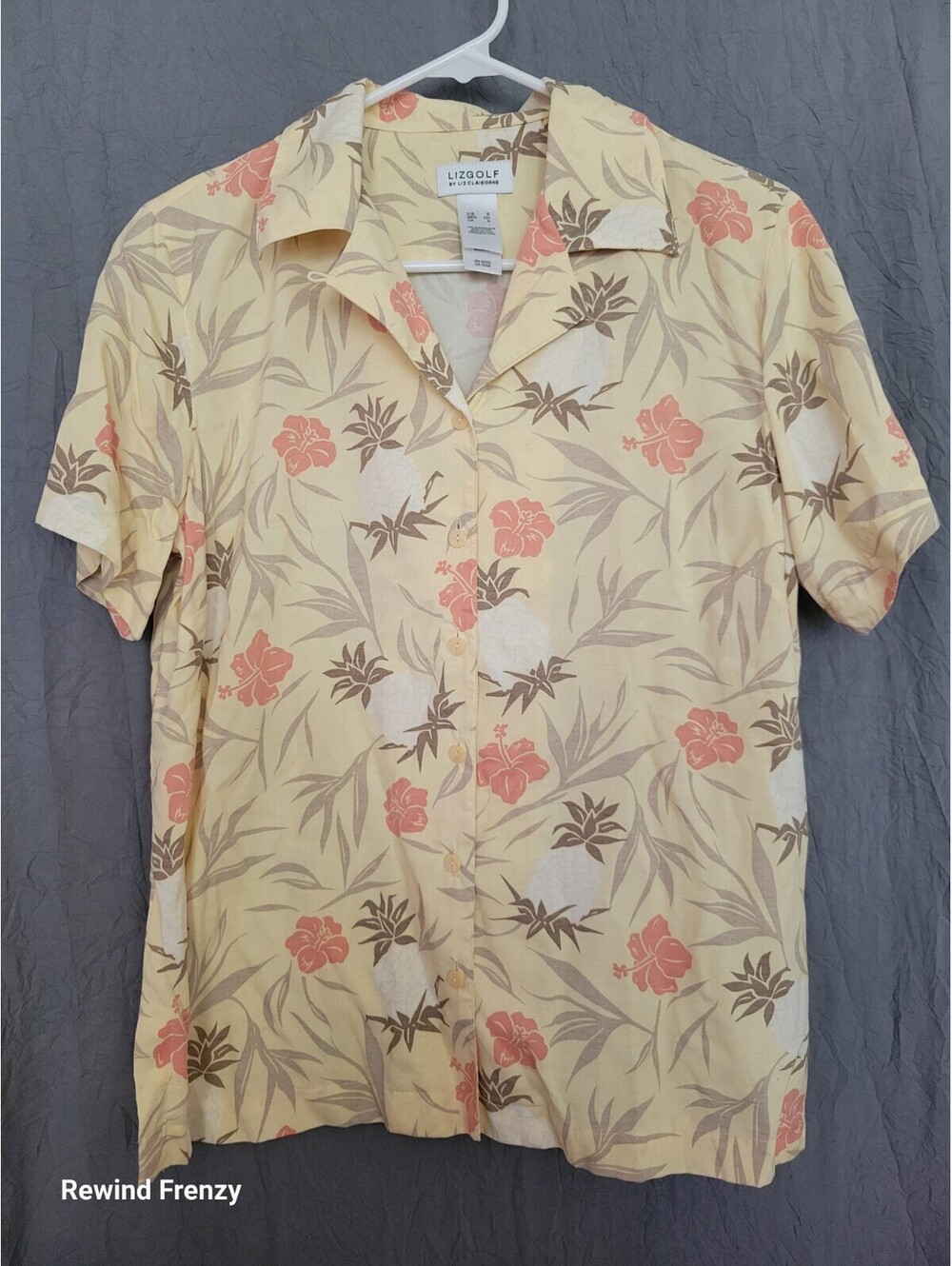 Lizgolf liz Claiborne Silk Hibiscus Tropical Shirt Small Crean Button Front VTG